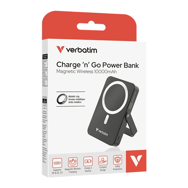 Verbatim 32264 Charge n Go 10000mAh fekete vezeték nélküli kitámasztható mágneses powerbank