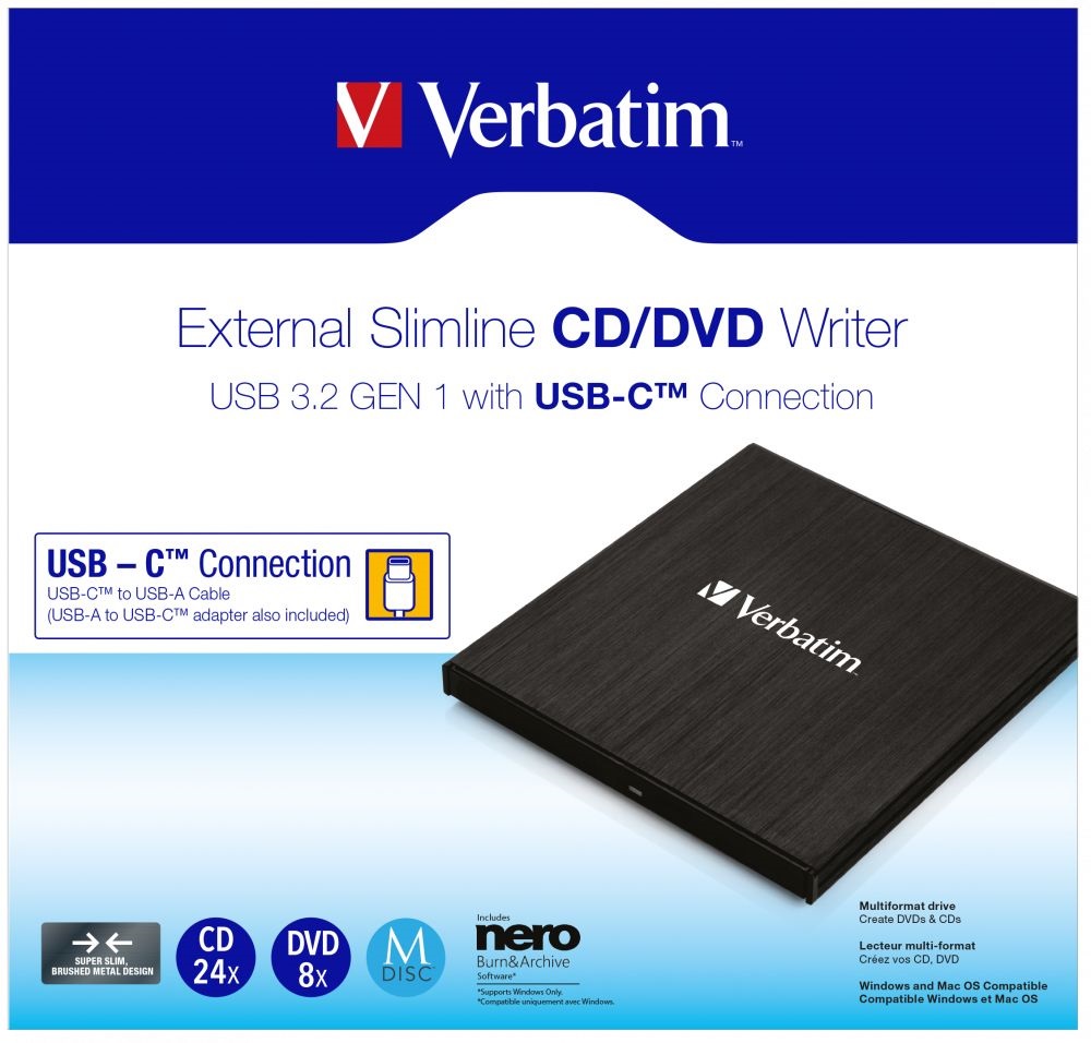 Verbatim 43886 USB 3.2 GEN 1 USB-CTM External Slimline CD/ DVD optikai meghajtó