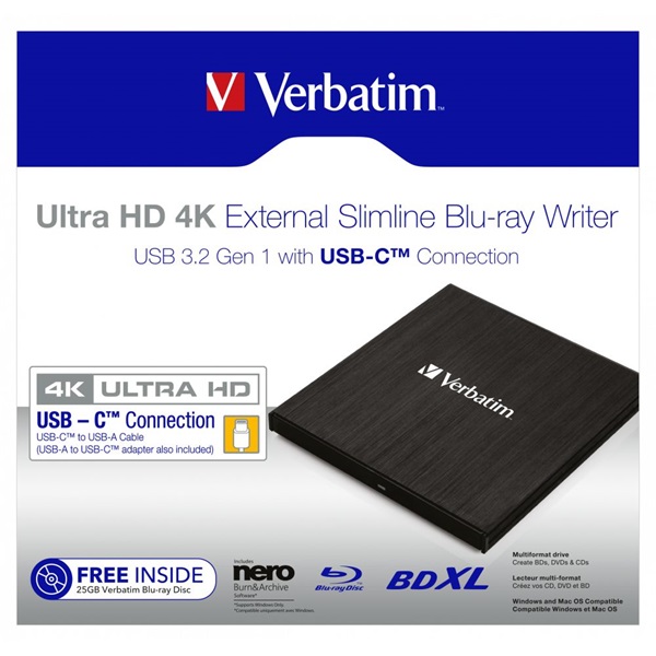 Verbatim 43888 Ultra HD 4K USB 3.1 GEN 1 USB-CTM External Slimline Blu-ray optikai meghajtó