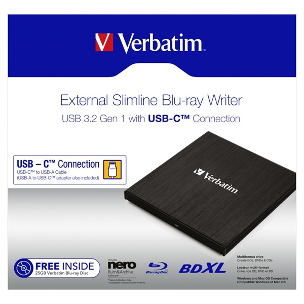 Verbatim 43889 USB 3.1 GEN 1 USB-C External Slimline Blu-ray optikai meghajtó