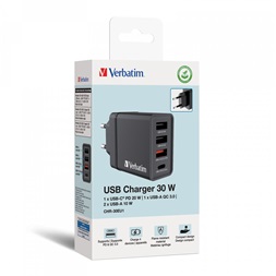 Verbatim 49700 CHR-30EU1 USB 30W 1xUSB-C PD 20W/1xUSB-A QC 3.0/2xUSB-A 10W fekete hálózati töltő