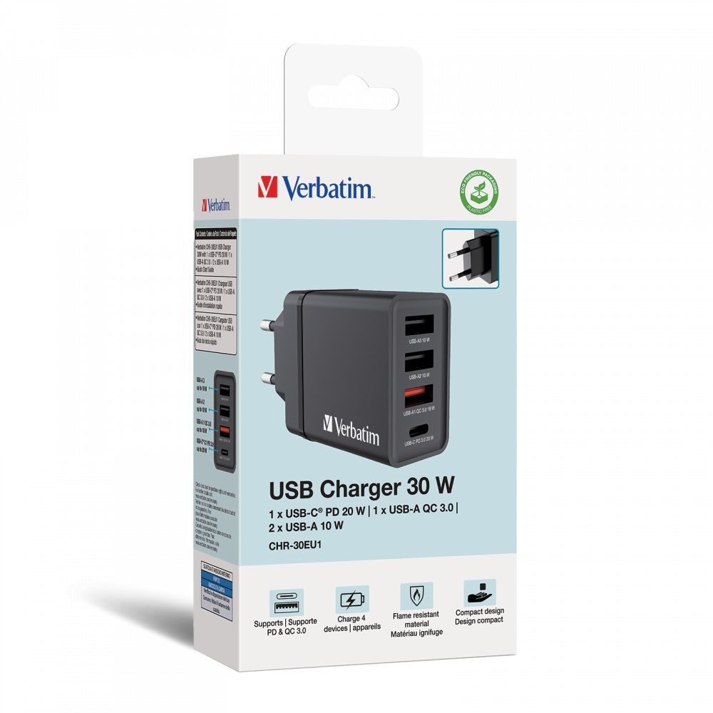 Verbatim 49700 CHR-30EU1 USB 30W 1xUSB-C PD 20W/1xUSB-A QC 3.0/2xUSB-A 10W fekete hálózati töltő