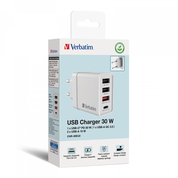 Verbatim 49701 CHR-30EU2 USB 30W 1xUSB-C PD 20W/1xUSB-A QC 3.0/2xUSB-A 10W fehér hálózati töltő