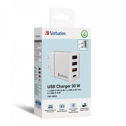 Verbatim 49701 CHR-30EU2 USB 30W 1xUSB-C PD 20W/1xUSB-A QC 3.0/2xUSB-A 10W fehér hálózati töltő