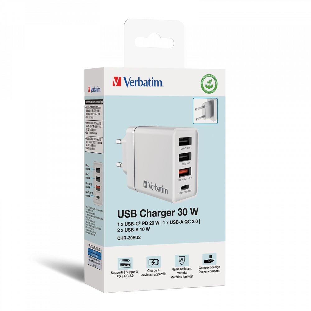 Verbatim 49701 CHR-30EU2 USB 30W 1xUSB-C PD 20W/1xUSB-A QC 3.0/2xUSB-A 10W fehér hálózati töltő