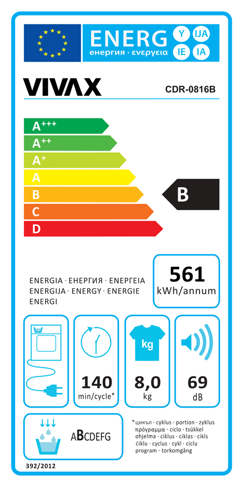 Vivax CDR-0816B  fehér, 8 kg, kondenzációs, szárítógép