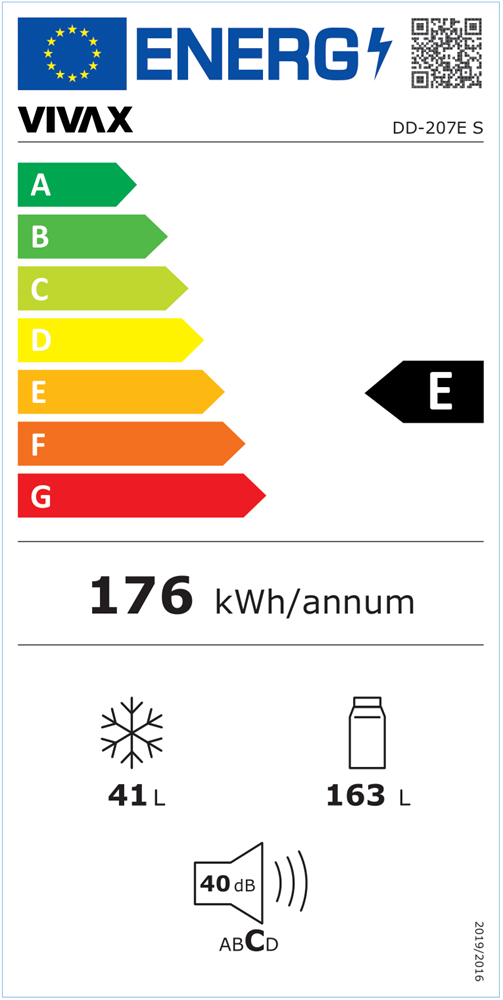 Vivax DD-207E S ezüst, felülfagyasztós, Hűtő:163L, Fagyasztó:41L, hűtőszekrény