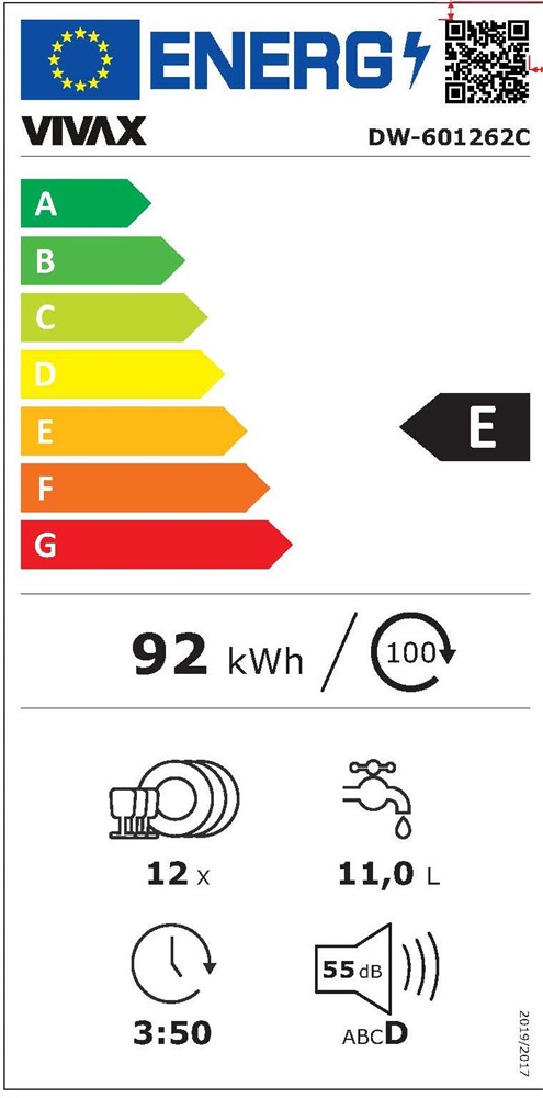 Vivax DW-601262C fehér, programok száma: 6, szabadonálló, 12 terítékes mosogatógép