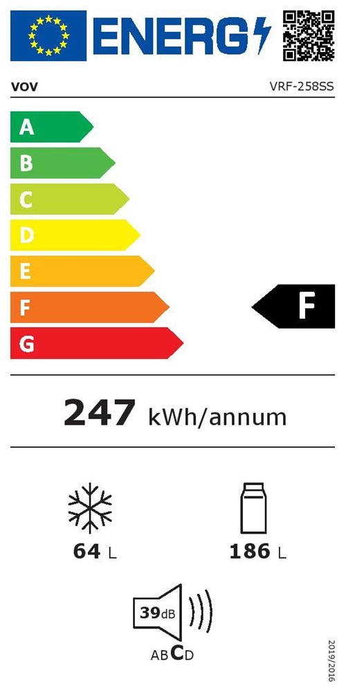 Vov VRF-258SSezüst, alulfagyasztós, Hűtő:186L, Fagyasztó:64L, hűtőszekrény