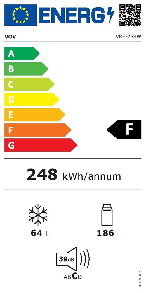 Vov VRF-258W fehér, alulfagyasztós, Hűtő:186L, Fagyasztó:64L, hűtőszekrény