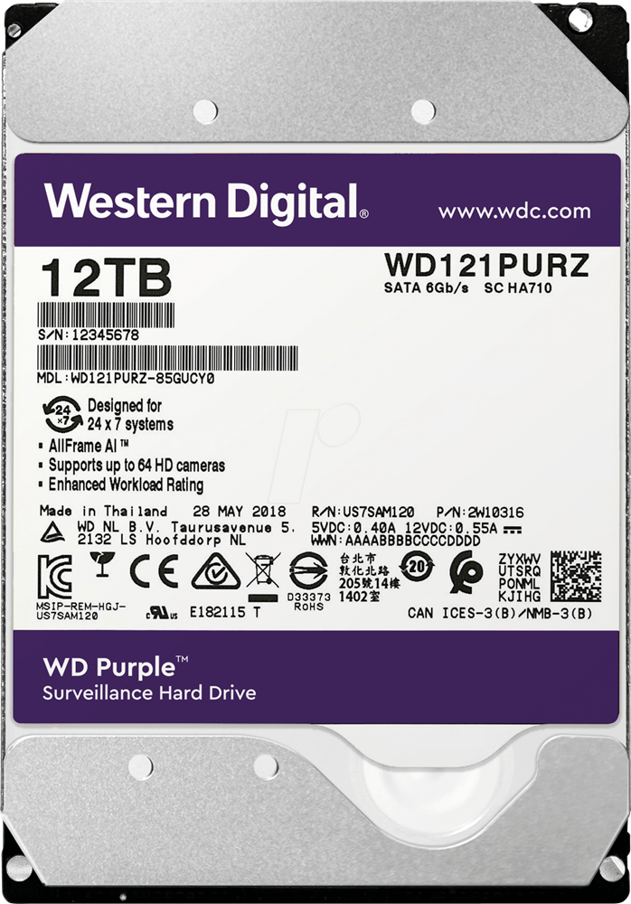 Western Digital 3,5" 12000GB belső SATAIII 7200RPM 256MB PURPLE WD121PURZ winchester 3 év