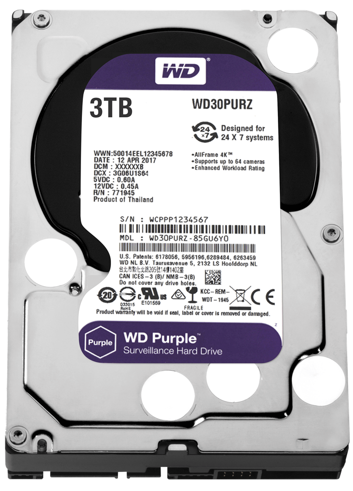 Western Digital 3,5" 3000GB belső SATAIII 5400RPM 64MB PURPLE WD30PURZ winchester 3 év