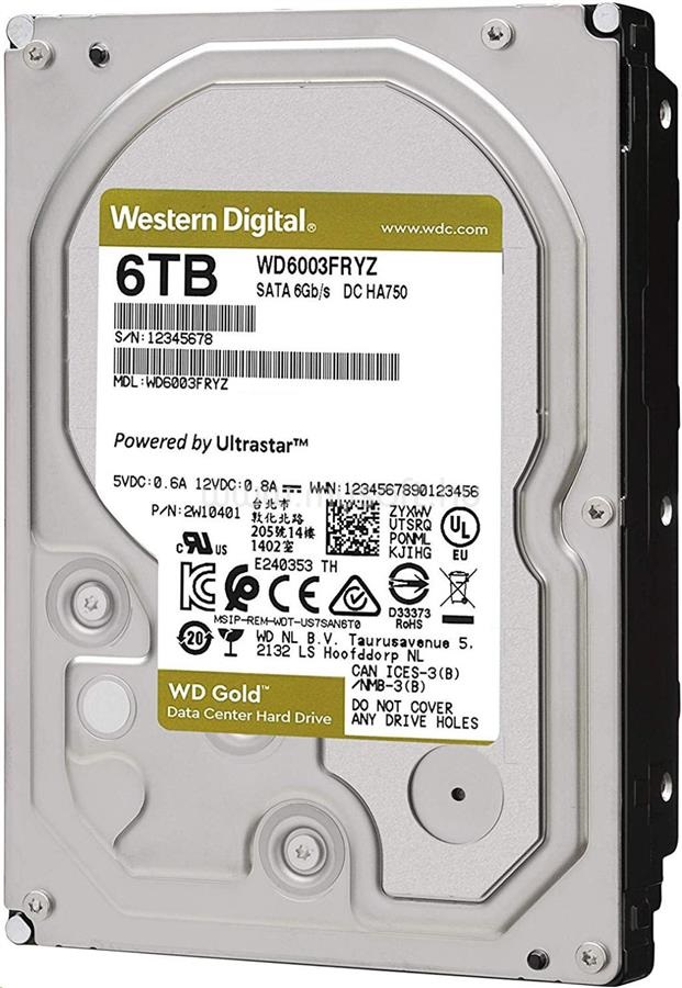 Western Digital 3,5" 6000GB belső SATAIII 7200RPM 256MB Gold WD6003FRYZ winchester