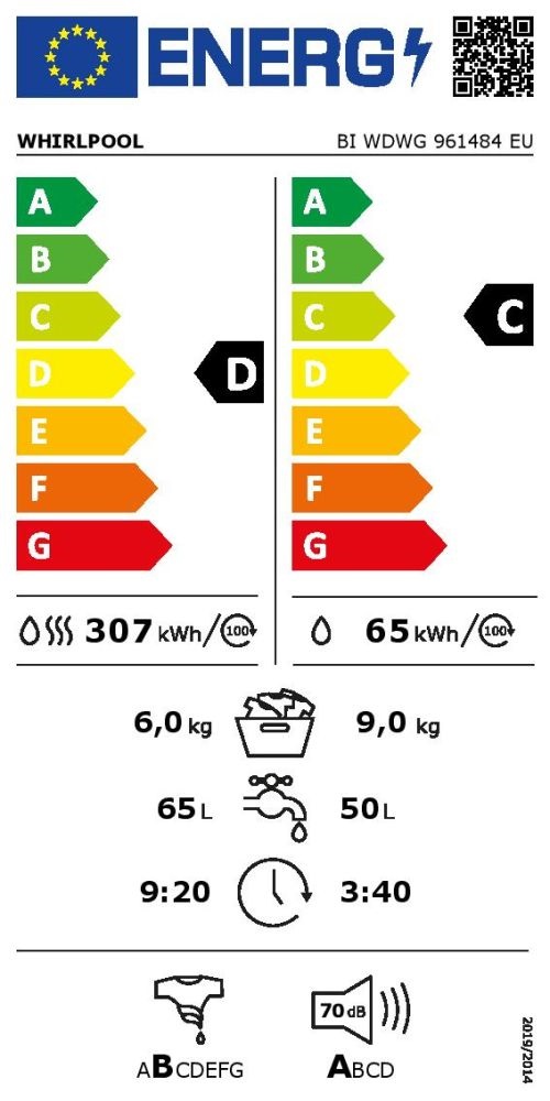 Whirlpool BI WDWG 961484 EU fehér, elöltöltős, max.1400ford., 9 kg/6 kg, beépíthető mosó-szárítógép