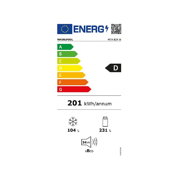 Whirlpool W7X 83A W fehér, alulfagyasztós, Hűtő:231L, Fagyasztó:104L, No frost hűtőszekrény (Újszerű)
