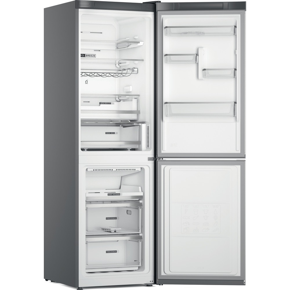 Whirlpool W7X 83T MX inox, alulfagyasztós, Hűtő:231L, Fagyasztó:104L, No frost hűtőszekrény