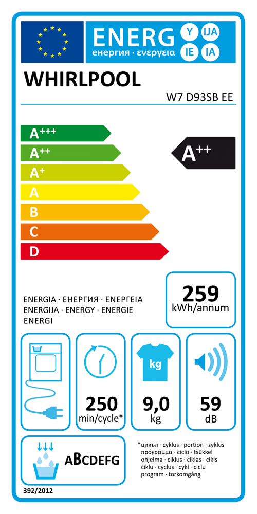 Whirlpool W7 D93SB EE fehér, 9 kg, hőszivattyús, szárítógép