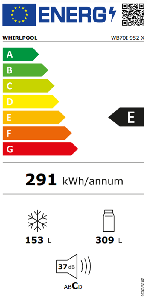 Whirlpool WB70I 952 X inox, alulfagyasztós, Hűtő:304L, Fagyasztó:153L, No frost hűtőszekrény
