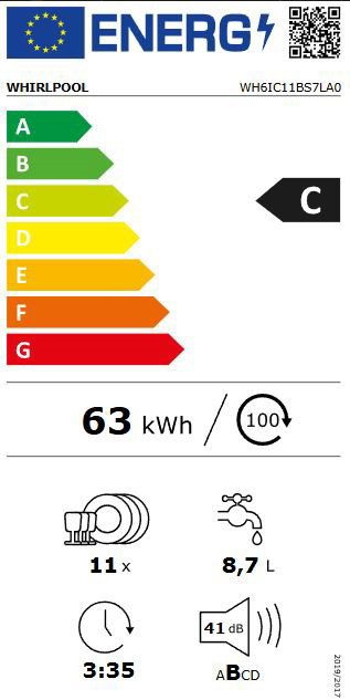 Whirlpool WH6IC11BS7LSA0 inox, programok száma: 9, keskeny beépíthető, 11 terítékes mosogatógép 