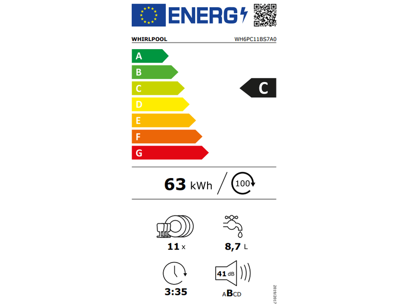 Whirlpool WH6PC11BS7A0 inox, programok száma: 9, keskeny beépíthető, 11 terítékes mosogatógép 