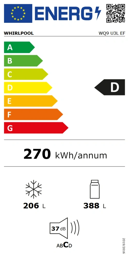 Whirlpool WQ9 U3L EF inox, side-by- side, Hűtő:388L, Fagyasztó:206L, No Frosthűtőszekrény