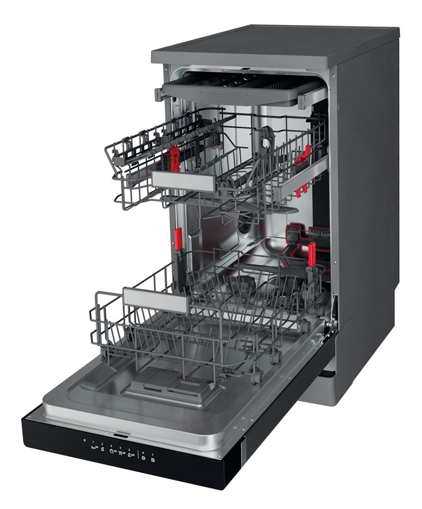 Whirlpool WSFO 3O23 PF X inox, programok száma: 7, keskeny szabadonálló, 10 terítékes mosogatógép 