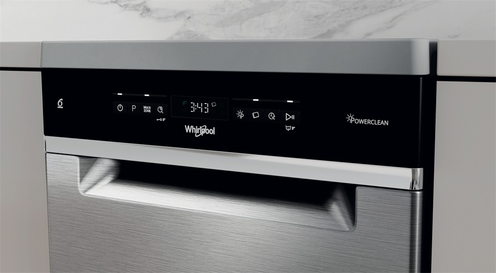 Whirlpool WSFO 3O23 PF X inox, programok száma: 7, keskeny szabadonálló, 10 terítékes mosogatógép 