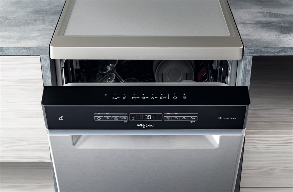 Whirlpool WSFO 3O23 PF X inox, programok száma: 7, keskeny szabadonálló, 10 terítékes mosogatógép 
