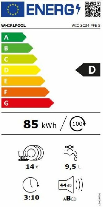 Whirlpool WIC 3C34 PFE S programok száma: 10, beépíthető, 14 terítékes mosogatógép 