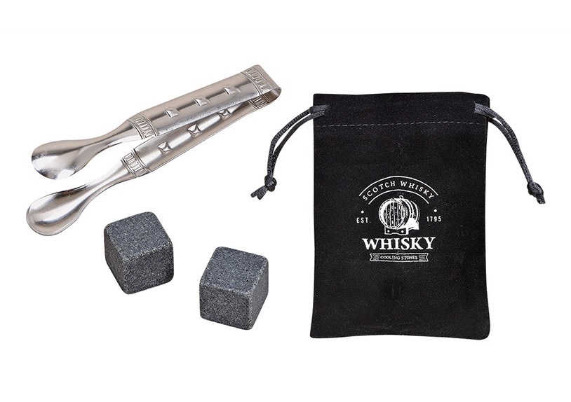 WoMa fekete bársony zacskóval, csipesszel, 12 db-os prémium bazalt whisky jégkő készlet fadobozban