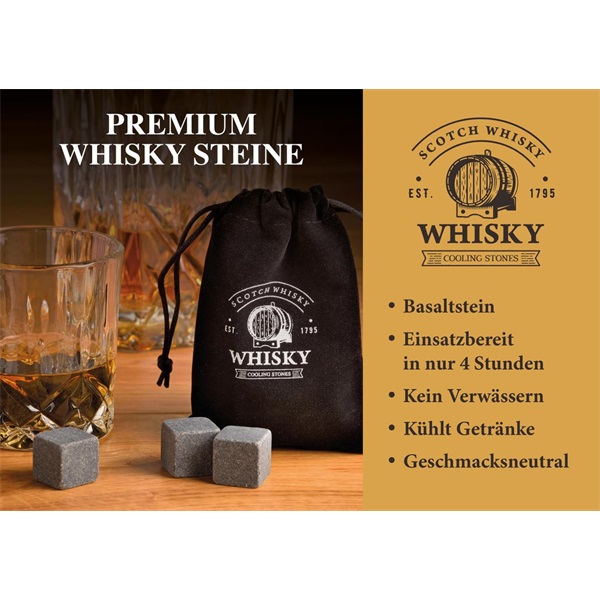 WoMa fekete bársony zacskóval, csipesszel, 12 db-os prémium bazalt whisky jégkő készlet fadobozban