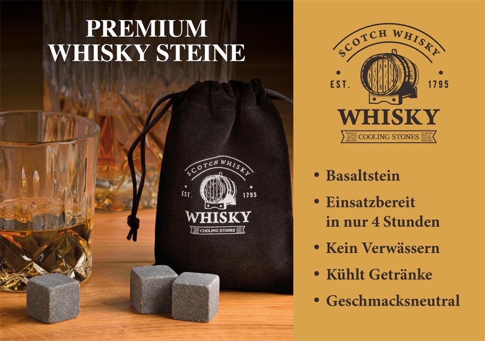 WoMa fekete bársony zacskóval, csipesszel, 12 db-os prémium bazalt whisky jégkő készlet fadobozban