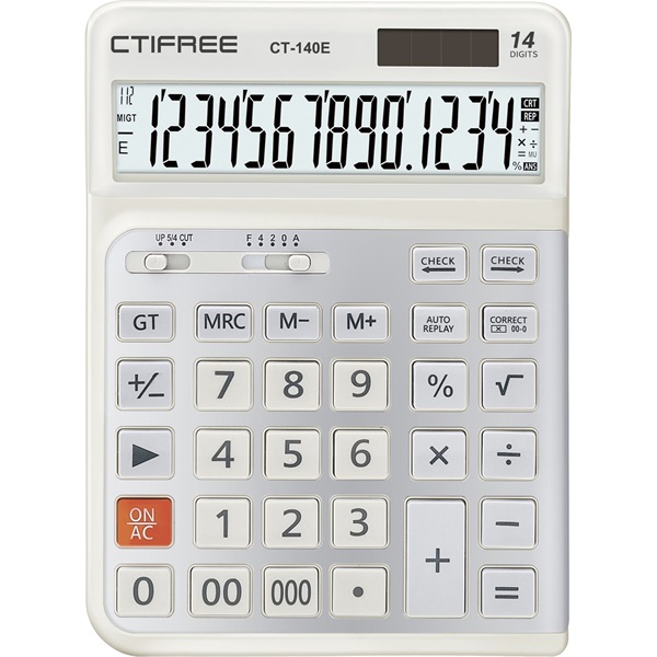 CTIFREE CT-140E fehér ergonómikus számológép, 145x198mm, 14 számjegy, dual power, 2 év garancia (Újszerű)