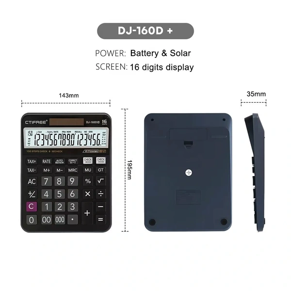 CTIFREE DJ-160Dplus fekete számológép, 145x190mm, 16 számjegy, TAX funkció, dual power, 2 év garancia