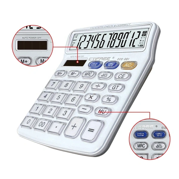 CTIFREE ECO-001 fehér számológép, 120x154mm, 12 számjegy, dual power, 2 év garancia