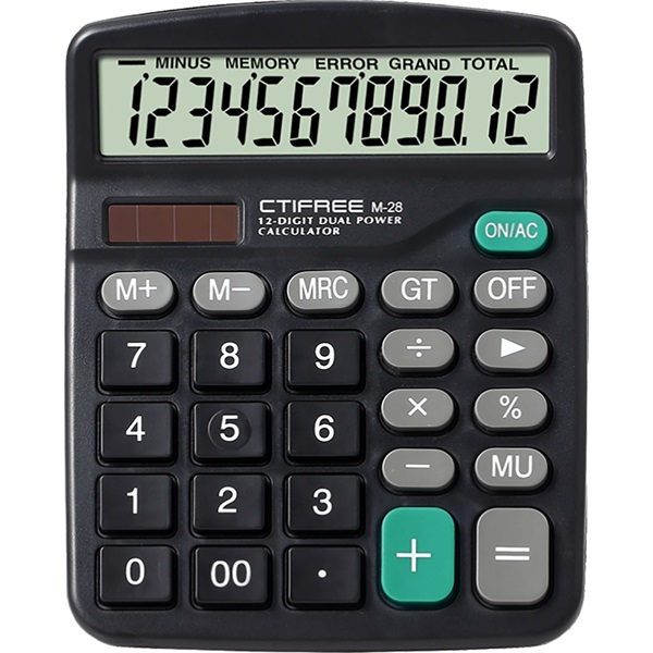CTIFREE M-28 fekete számológép, 120x150mm, 12 számjegy, dual power, 2 év garancia