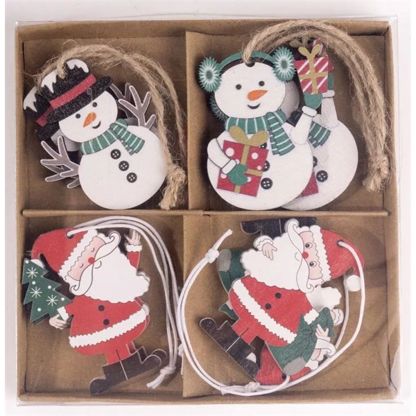 IRIS fa akasztós hóember és mikulás szettben, 8 darabos, 4 féle 5 x 5 cm