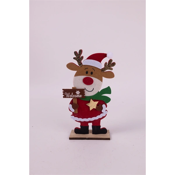 IRIS filc rénszarvas fa talpon, mikulás ruhában, táblával, 