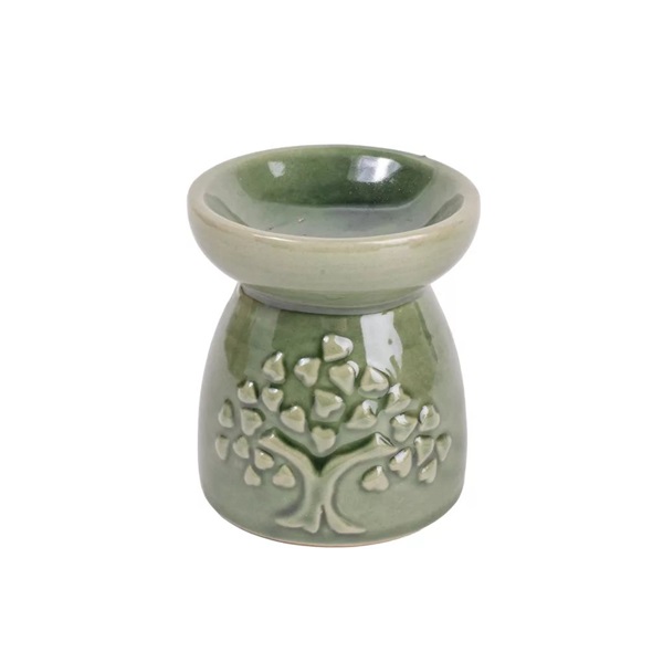 IRIS kerámia olajmécses, szív leveles fa mintával, zöld 8 cm