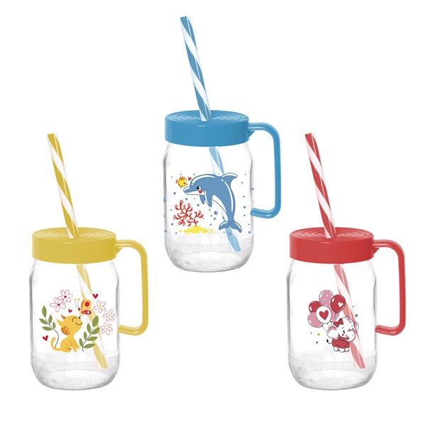IRIS mintás bögre szívószállal 370ml, delfin, cica vagy elefánt minta 111761-302 (Használt - A)