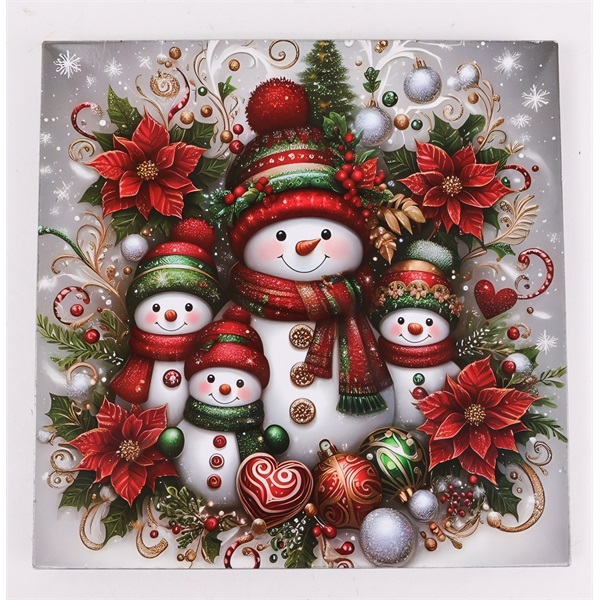 IRIS műanyag tálca, négyszögletű, karácsonyi dekoráció, hóemberek díszekkel mintás 30 x 2 cm