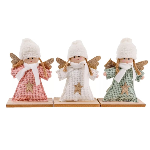 IRIS textil angyal, fa talpon, 2 gombbal, 3 féle 20 x 13 cm