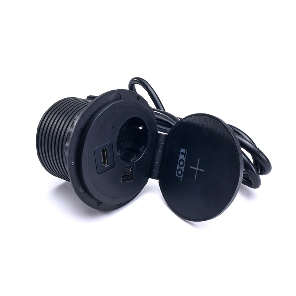 TOO GPS-103-1B IP20,1x 2P+F,USB-A,Type-C,Qi töltés,HDMI, fekete asztalba süllyeszthető elosztó (Újszerű)