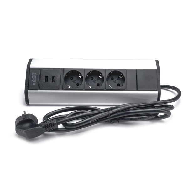 TOO VPS-315-3S IP20, 3x 2P+F, 2x USB-A, ezüst asztalra rögzíthető elosztó (Újszerű)