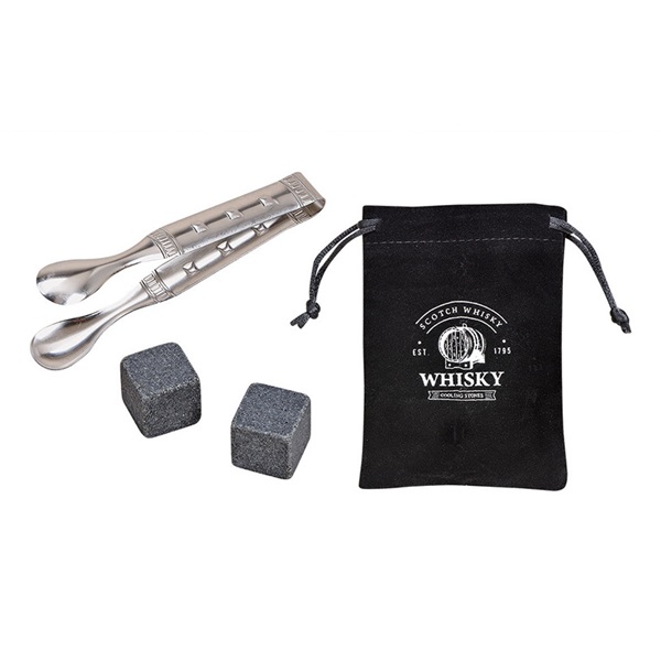 WoMa fekete bársony zacskóval, csipesszel, 12 db-os prémium bazalt whisky jégkő készlet fadobozban