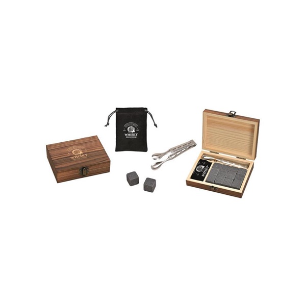 WoMa fekete bársony zacskóval, csipesszel, 12 db-os prémium bazalt whisky jégkő készlet fadobozban