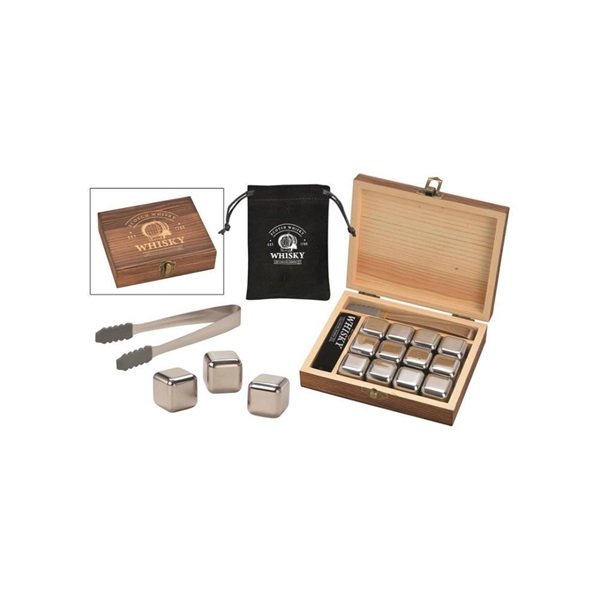 WoMa fekete bársonyzacskóval és csipesszel 12 db-os rozsdamentes acél whisky jégkocka készlet fadobozban